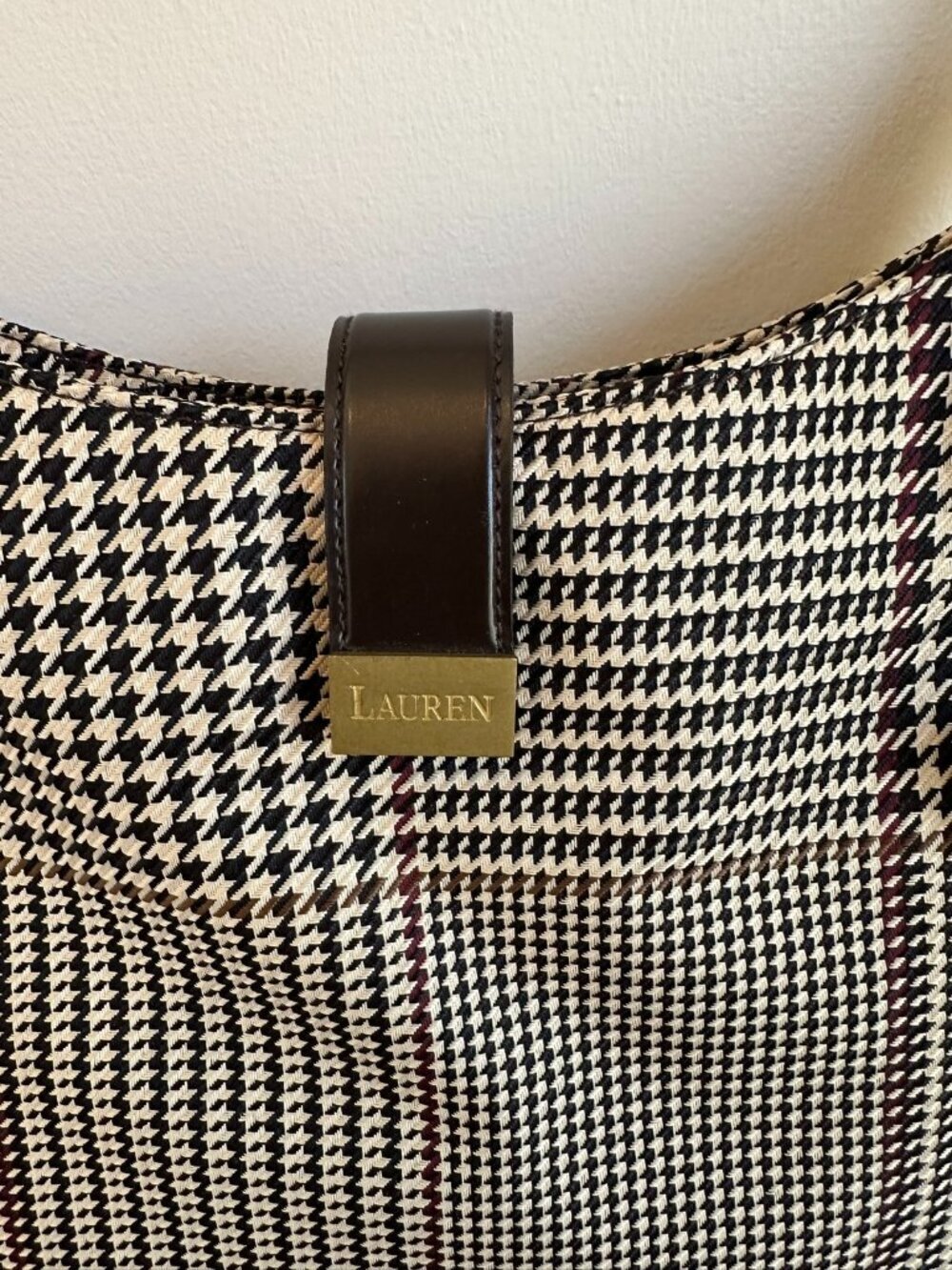 Lauren Ralph Lauren Houndstooth Plaid Shoulder Bag Tan Brown Leather - Picture 4 of 6